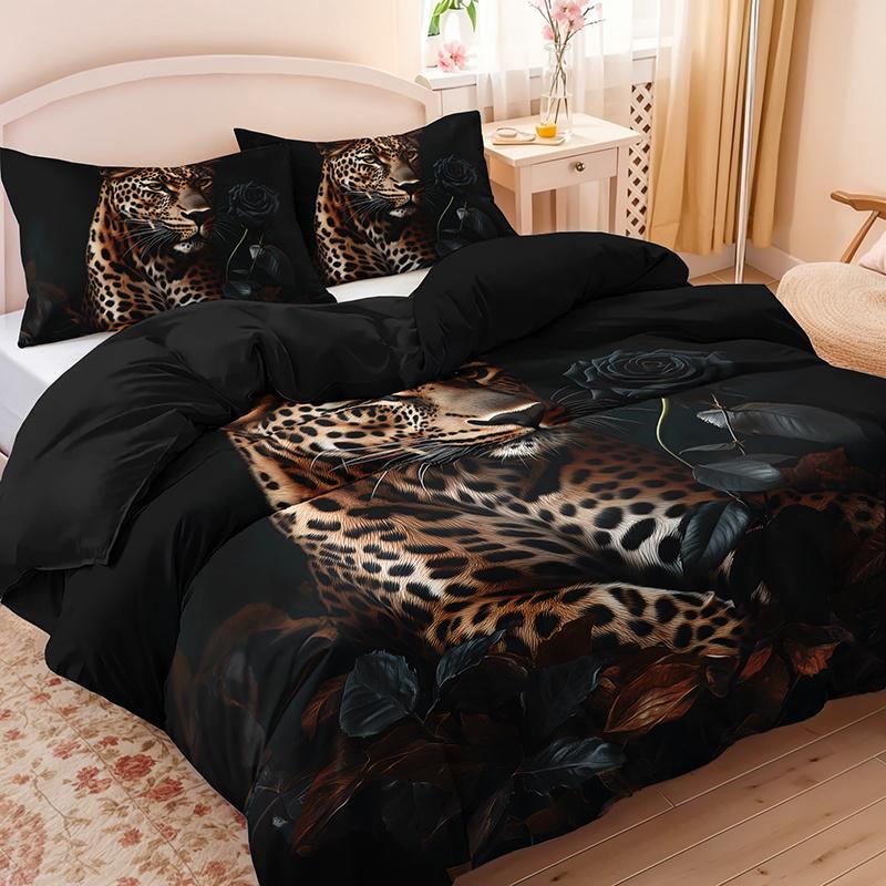 3Pcs Leopard And Black Rose Bedding Duvet Cover Set Luxury Leopard Bedding Quilt Set Animal Themed Bed Quilt Set Elegant