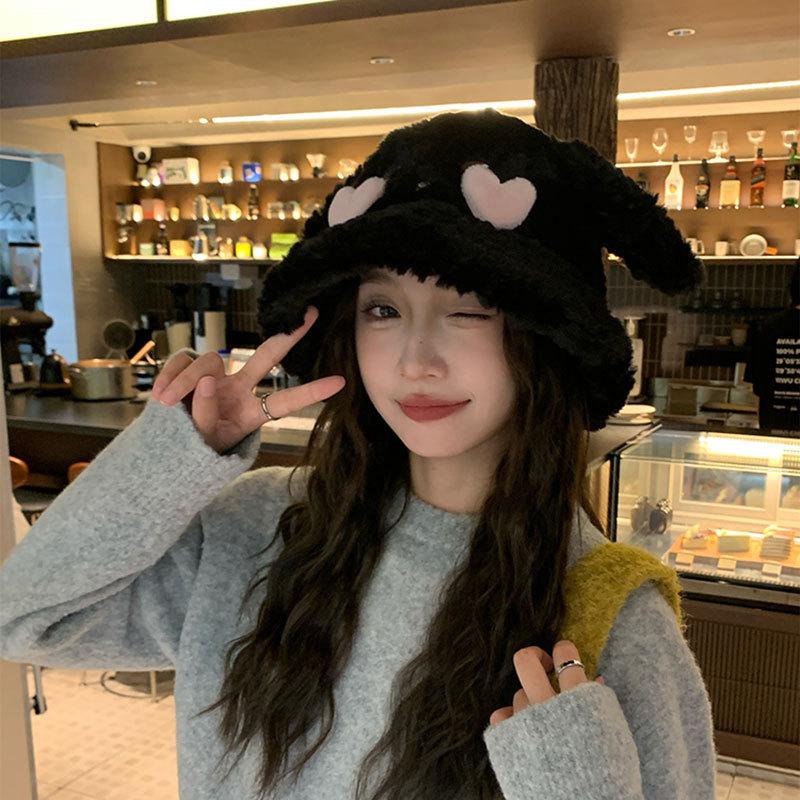 Cute rabbit ears bucket hat women's autumn and winter warm versatile washbasin hat cold protection ear hat plush hat tide