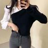 Pullover Korean Chic Autumn Niche Design Lapel Splicing Shirt Fake Two Fried Dough Twists Pattern Knitted Sweater Women