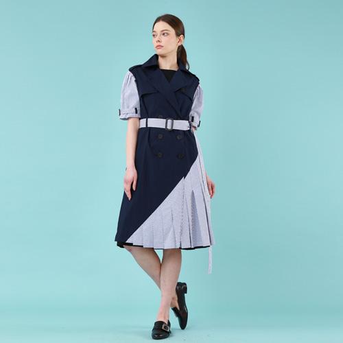 Bunderghost Puff Short Sleeve Asymmetrical Trench Dress (Navy)
