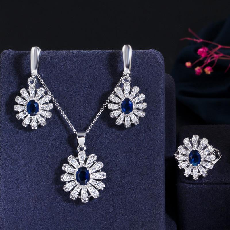 Ki0098 Utsökt brudtärnemiddagsset full av zirkonblommorörhängen med hänge och ring i tre delar