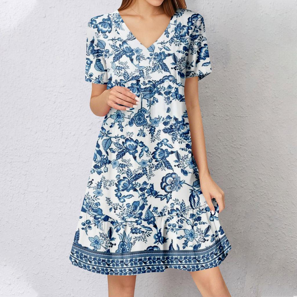 Womens Summer Dress Short Sleeve V Neck Short Dresses Fashion Casual Flowy Boho Ruffle A Line Swing Sundress