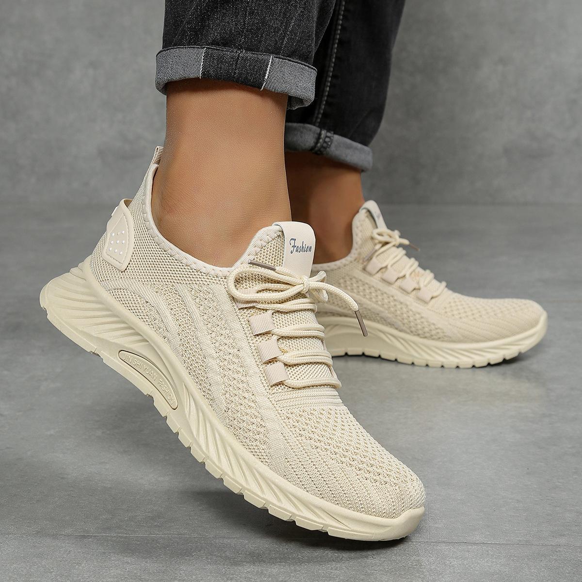 Weiße gewebte Sportsneaker Große Größen Damen Sommer Neuer Stil Modische Sportschuhe Mesh Weiche Sohle Laufschuhe 42 beige