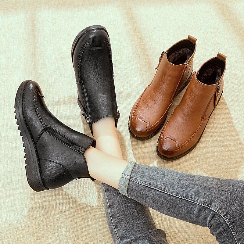 Modne zimowe botki ze skóry naturalnej Ręcznie robione Damskie buty na platformie Wygodne codzienne mokasyny Botki z zamkiem z boku Damskie buty