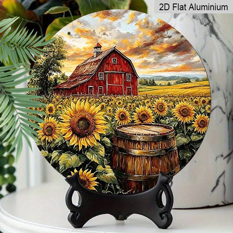 2D Flat, 1pc Classic Metal Aluminum Sign, Featuring Red Barn And Sunflowers In A Field, Round Wall Art for Front Door, Porch, Yard, Patio, Garden