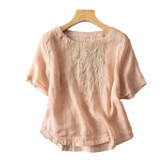 Women Tops Round Neck Short Sleeve Embroidery Bamboo Pattern Tee Shirt Solid Color Loose