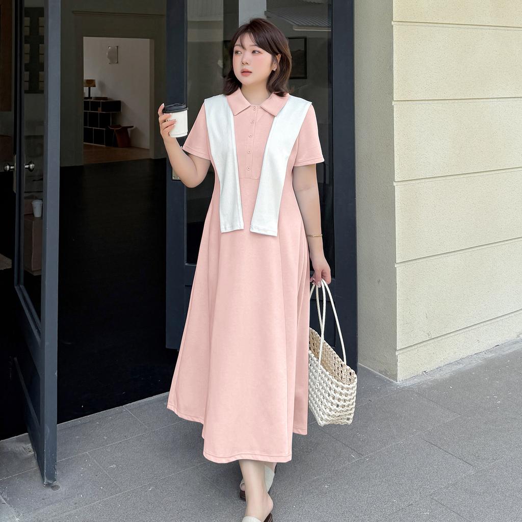 Large Size Women's College Style Shawl Polo Collar Dress 2026 Summer Waist and Thin Dress 214366