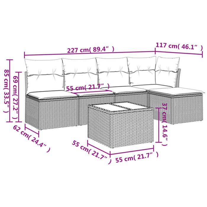 VidaXL Salon de Jardin avec Coussins 6 pcs, Canapés avec Pieds Réglables, Ensemble de Meubles d'Extérieur Patio Terrasse, 3217533