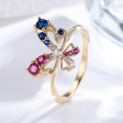 Luxo Cor Dourada Branco Azul Rosa Vermelho Cubic Zirconia Borboleta Anéis para Mulheres Meninas Inseto Jóias Presente