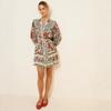European and American popular retro ethnic flower print dress women's lace edge belt waist lantern sleeve short skirt