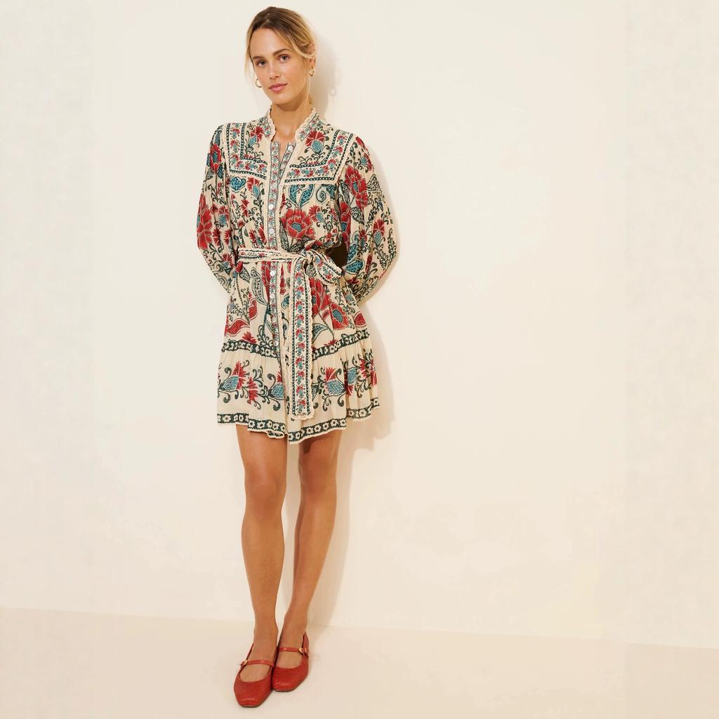 European and American popular retro ethnic flower print dress women's lace edge belt waist lantern sleeve short skirt