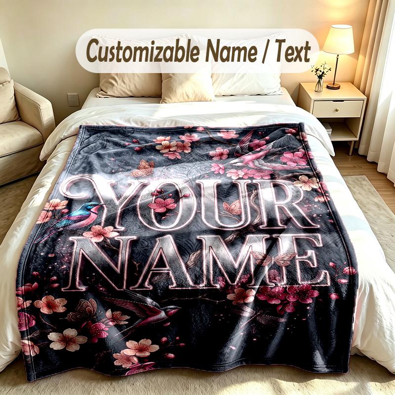 Floral Theme Custom Blanket Personalized Name & Text Customized Soft Warm Throw Blanket Home Decor