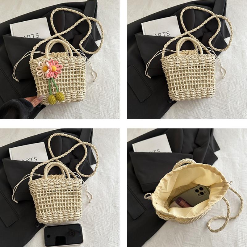 Summer Holiday Women Straw Beach Shoulder Bag Cute Flower Ladies Crossbody Bucket Bags Casual Commuter Female Handbags Purse