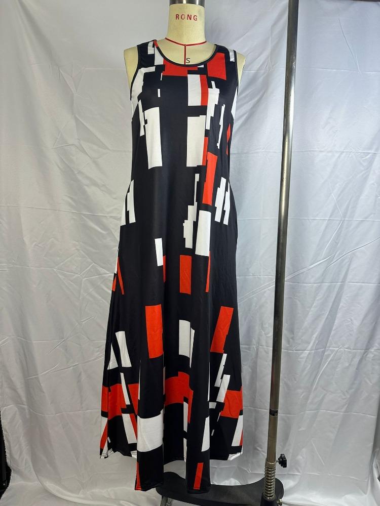 Plus Size Women Summer Dress Elegant Round Neck Sleeveless Slim Print Pocket Dress Flattering Comfort