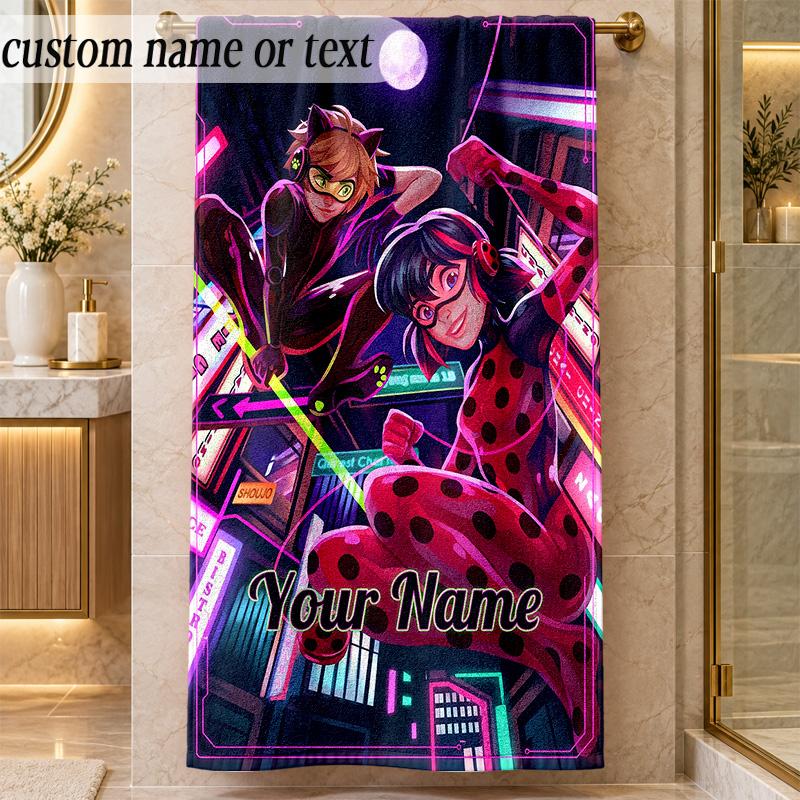 Strandtuch Miraculous Ladybug Benutzerdefinierter Name Text Personalisierbares Weiches Handtuch für Strand Pool Innen Hausdekoration Geschenk