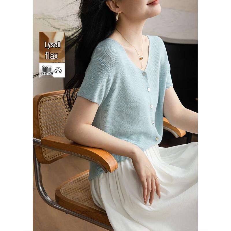 Demana Women s Summer V-Neck Lyocell Linen Knit Top L