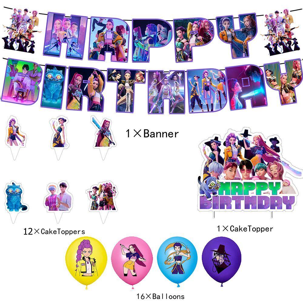 Demon Hunter Girls Anime-Themed Birthday Party Set: Banners, Balloons, Cake Topper, Glasses, and Decorations