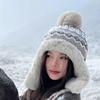 Women Knitted Bobble Hat Furry Inner Ear Flaps with Pompom Ball Winter Outdoor