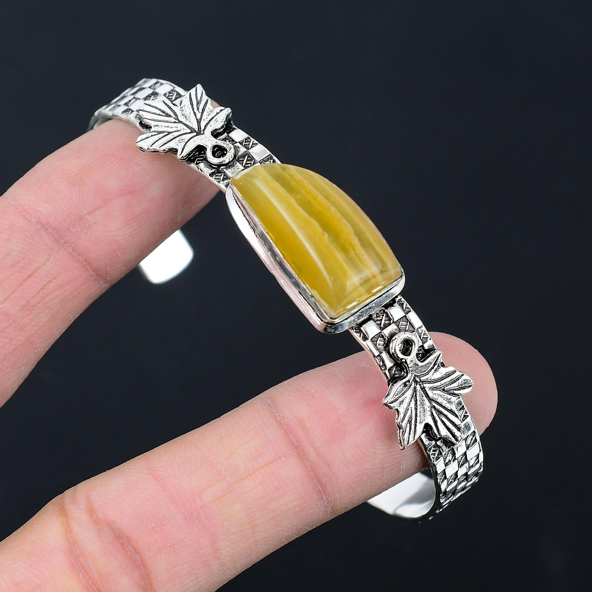 

Natural Multi Fluorite Gemstone 925 Silver Bangle Leaf Adjustable For Women Adjustable