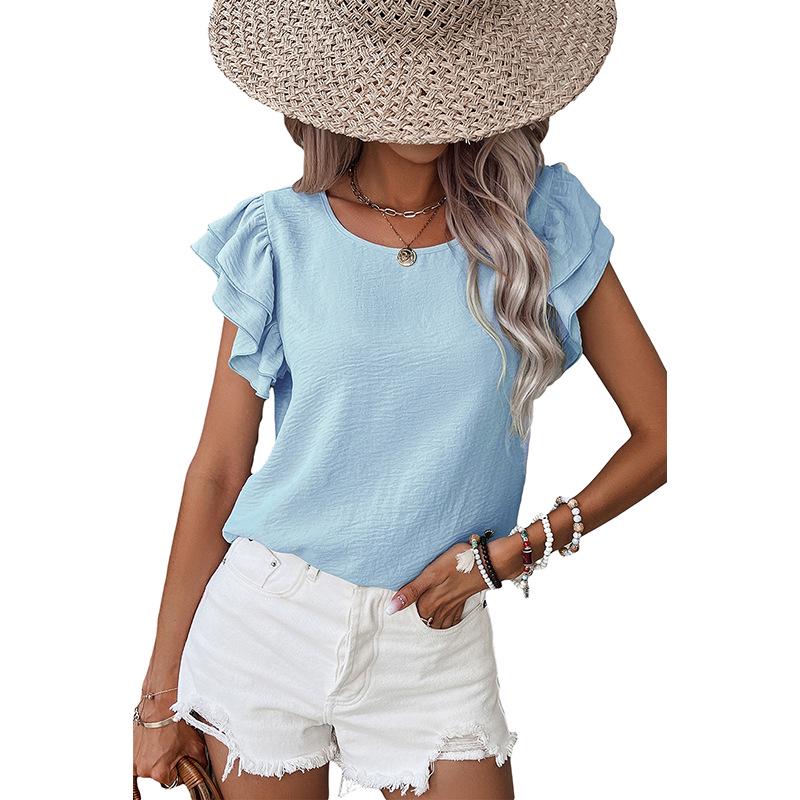 Available: Stylish European & American Women's Petal Sleeve Pullover T-Shirt, Versatile Short Sleeve Round Neck Design