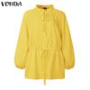 VONDA Women Casual Stand Collar Solid Color Long Sleeve Drawstring Waist Blouse Shirts