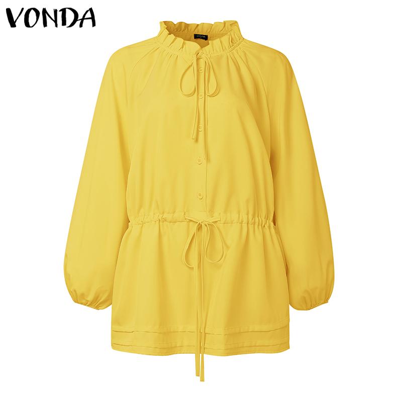 VONDA Women Casual Stand Collar Solid Color Long Sleeve Drawstring Waist Blouse Shirts