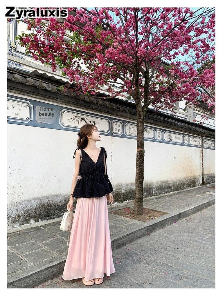 Pink Half Body Skirt Women's Summer New Iridescent Chiffon Draped Mermaid Satin Long Dress Purple Summer Dress