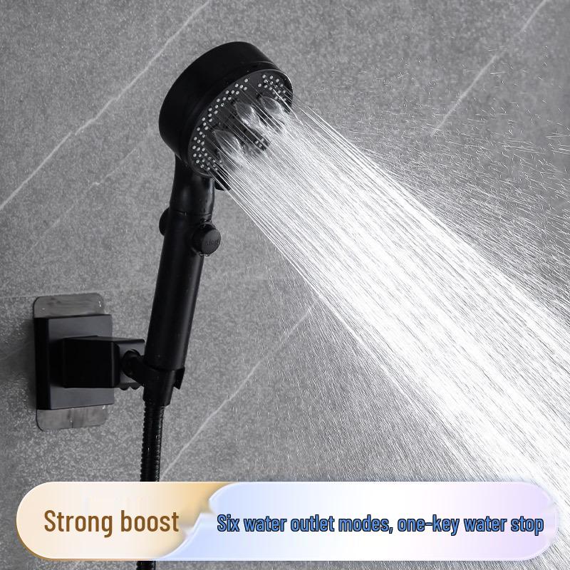 Black Warrior Pressurized Six-Gear Handheld Shower Head – Energy-Saving Nozzle for Household Bath