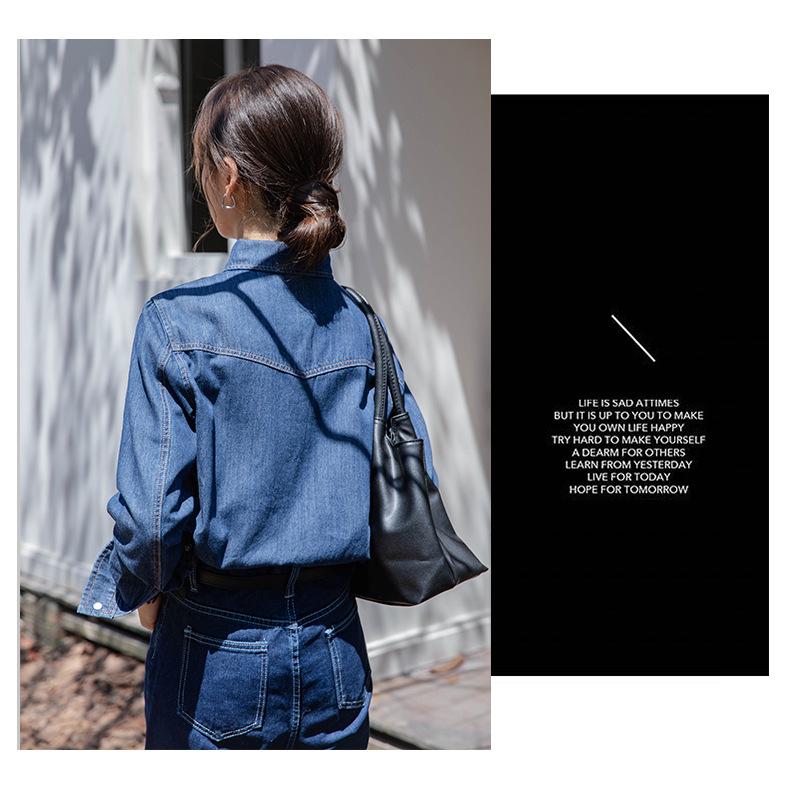 Women's French Retro Blue Denim Shirt - Stylish Layered Autumn/Winter Commuter Top