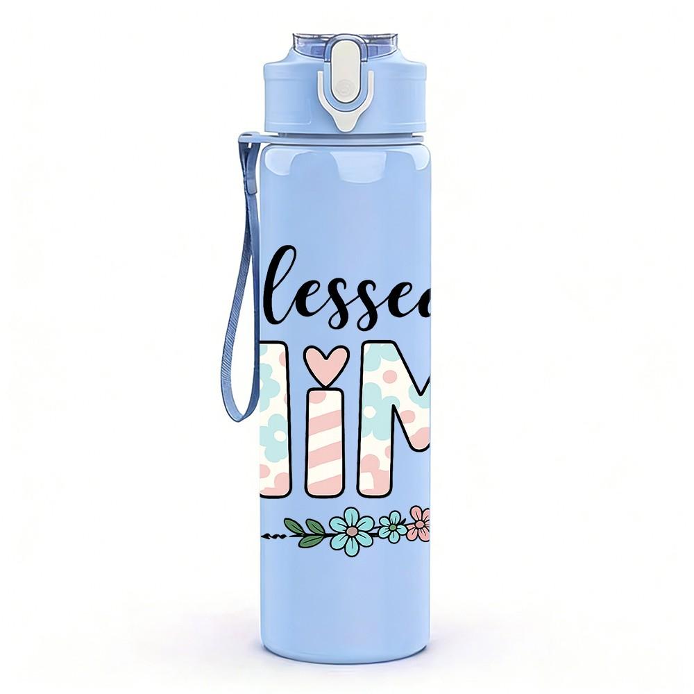 1PC Blessed Mimi Floral Color Letter 750ml Color Plastic Sports Water Bottle Leakproof Flip Straw Lid Suitable for Sports Office Home Use