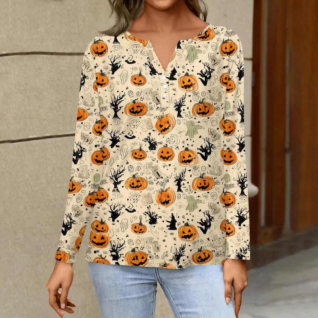 Haut T-shirt Décontracté Mode Femme Imprimé Halloween Col en V Bouton Bordure Manches Longues