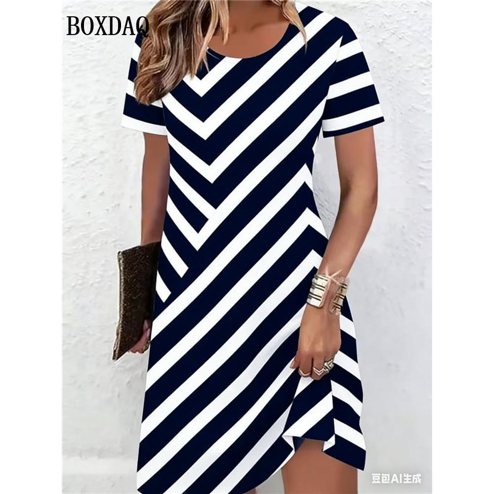 2026 Summer Dresses Women Fashion Striped 3D Print Short Sleeve Dress Casual Elegant Women s Loose Dress S