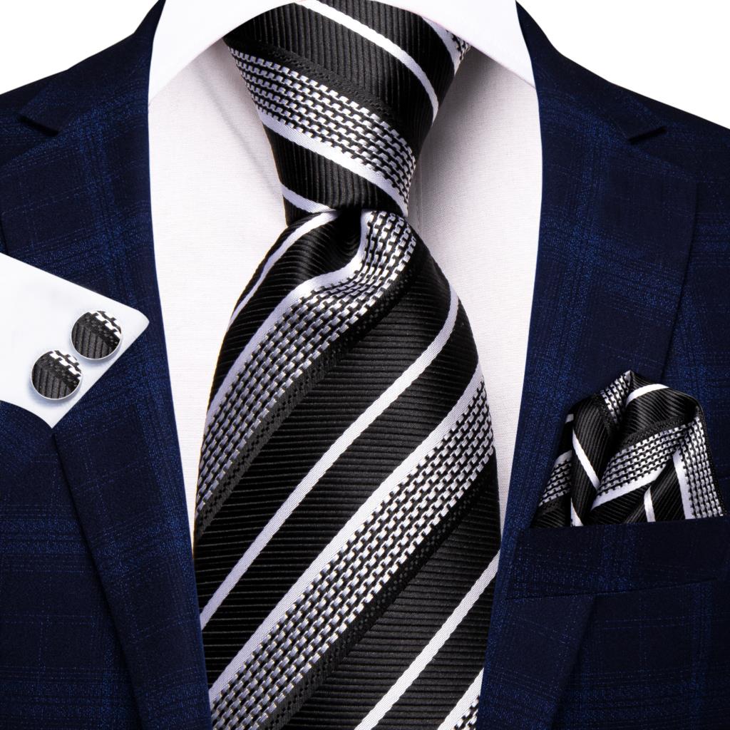 Hi-Tie Navy Blue Striped Silk Wedding Tie For Men Fashion Design Gift Men Necktie Hanky Cufflink Set Business Party Dropshiping