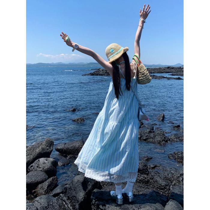 Seaside Vacation Striped Suspender Dress Children 2026 Summer New French Temperament Loose Small Long Dress