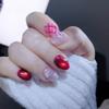 2026 New Year Plaid Ruby Cat Eye Handmade Nails with Pearl Rhinestone Glitter