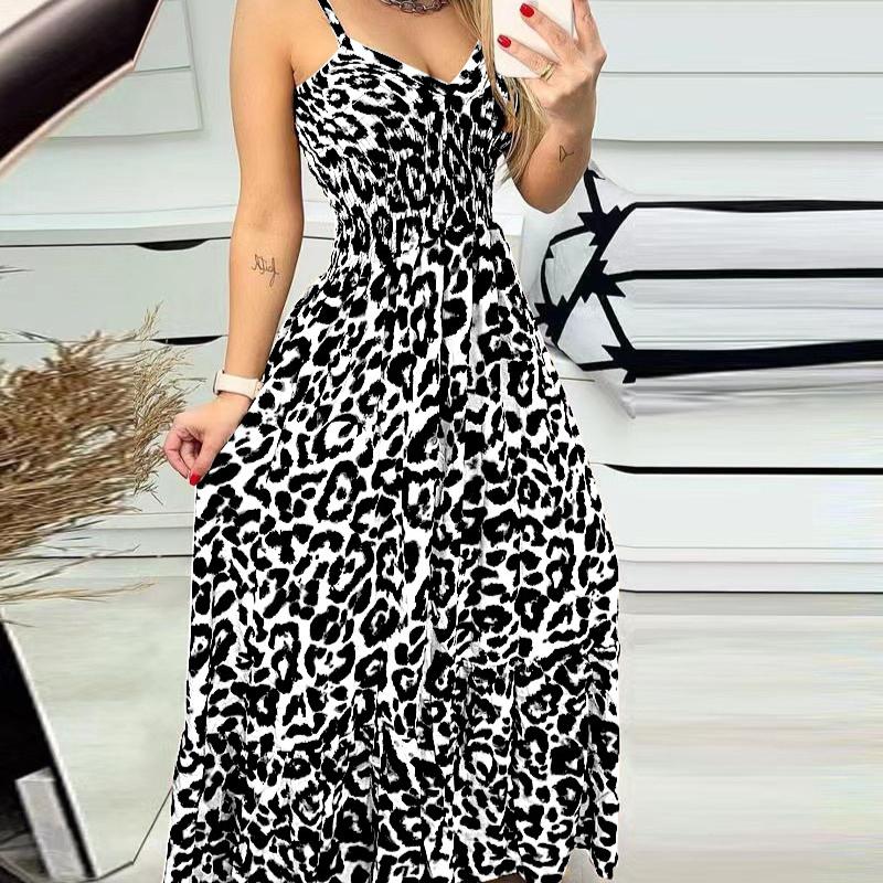 New Leopard Print Camisole V-neck Dress, High Waisted Dress, Sexy Temperament, Fashionable Long Dress
