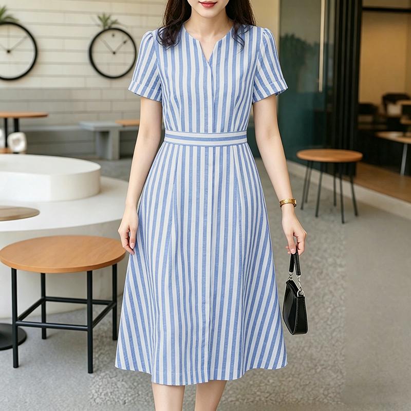 ZANZEA Women Casual V-Neck Loose Summer Short Sleeve Stripe Dress M синий
