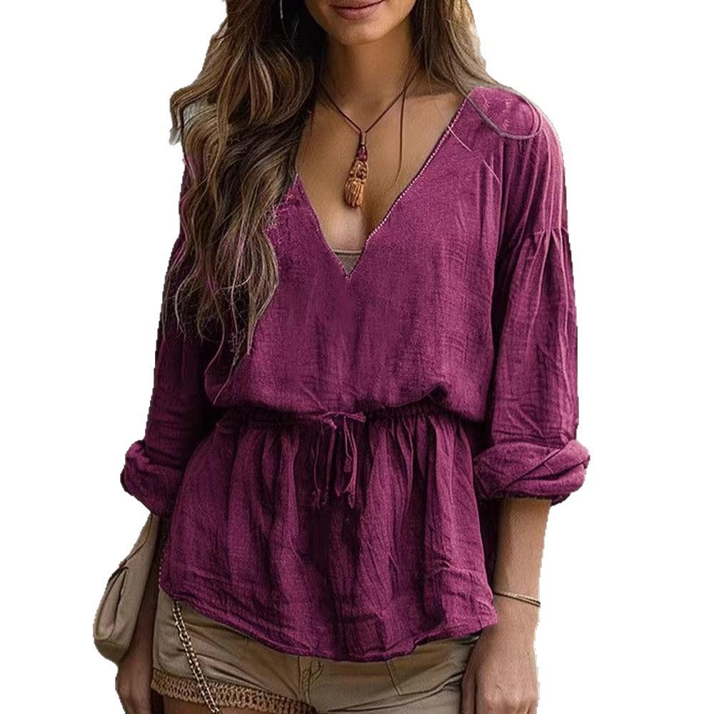 2025 New Autumn and Winter Women's Fashionable Casual V-neck Long-sleeved Loose Solid Color T-shirt Tops
