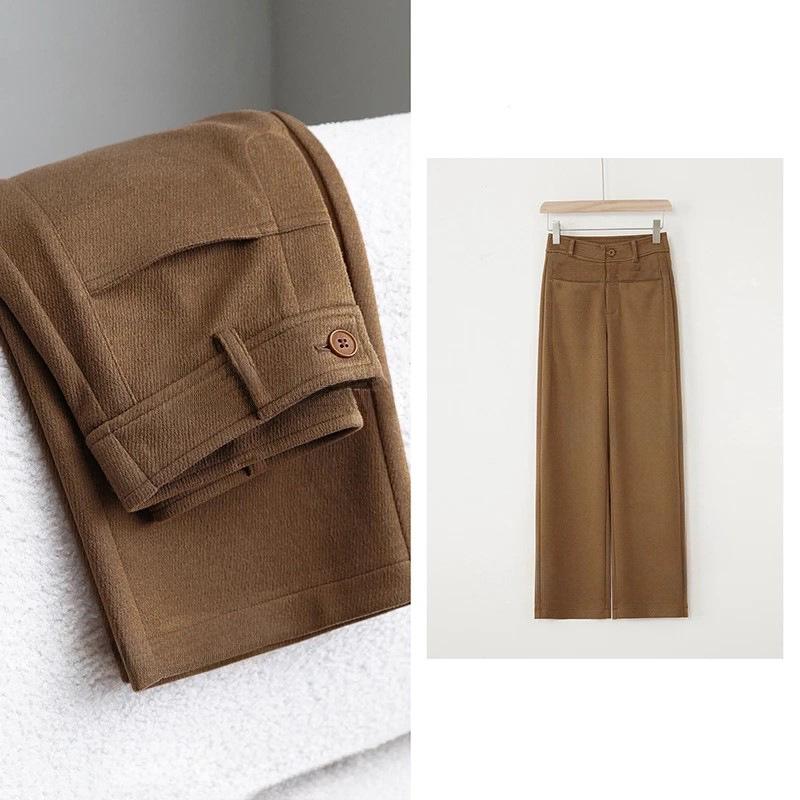 

Luxury High Fashion Autumn/Winter Merino Wool Silk High-Waist Slimming Straight-Leg Pants L: 115-130 lbs