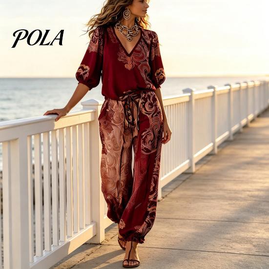Pantaloni a vita alta regolabili Set estivi da 2 pezzi per donna, Stampa floreale Manica a sbuffo 3/4 Stile bohémien da resort Vestiti Top con scollo a V e abbinamento