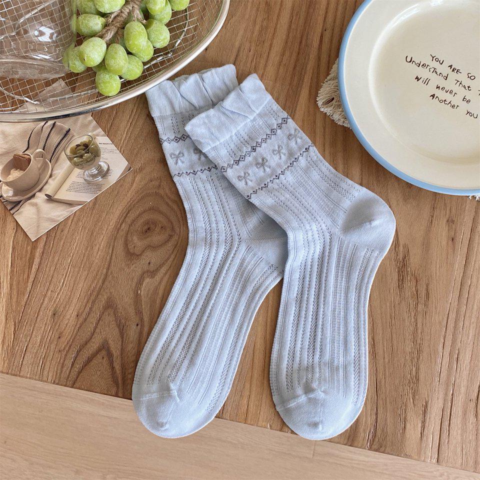 Retro Fair Isle Ruffle Bow Mid-Calf Socks for Women - Cute Lace Academy Style Slouch Socks