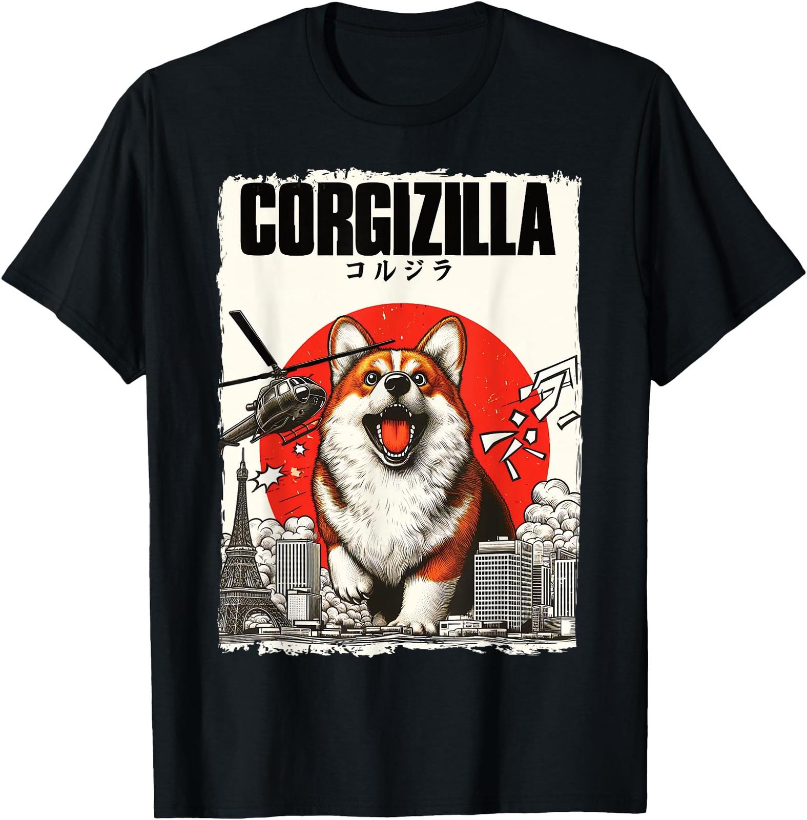 CorgiZilla Parody Japanese Art Corgi Dog Mom Dad Unisex Adult T-Shirt Mens Womens Tees Top 3XL