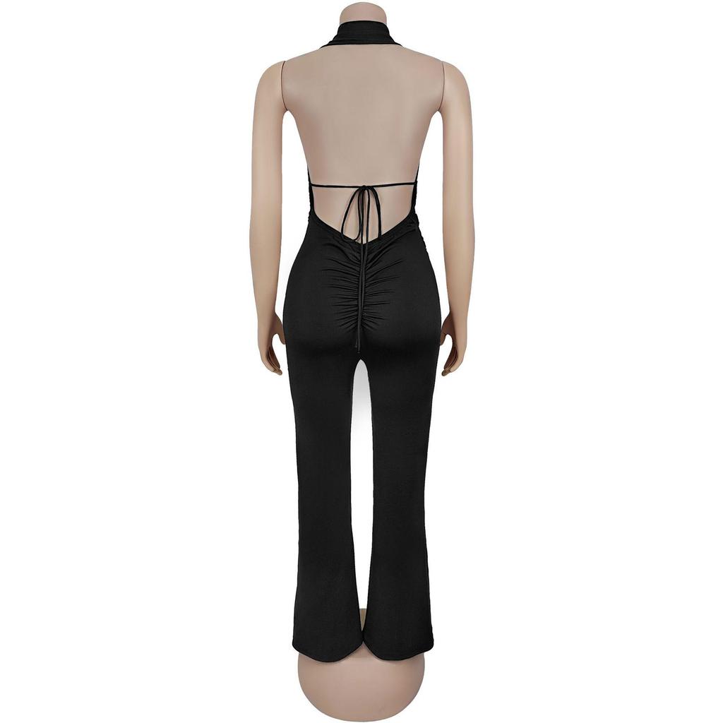 Strappy Deep V Halter Solid Color Jumpsuit - Women's Fashion Europe America Style