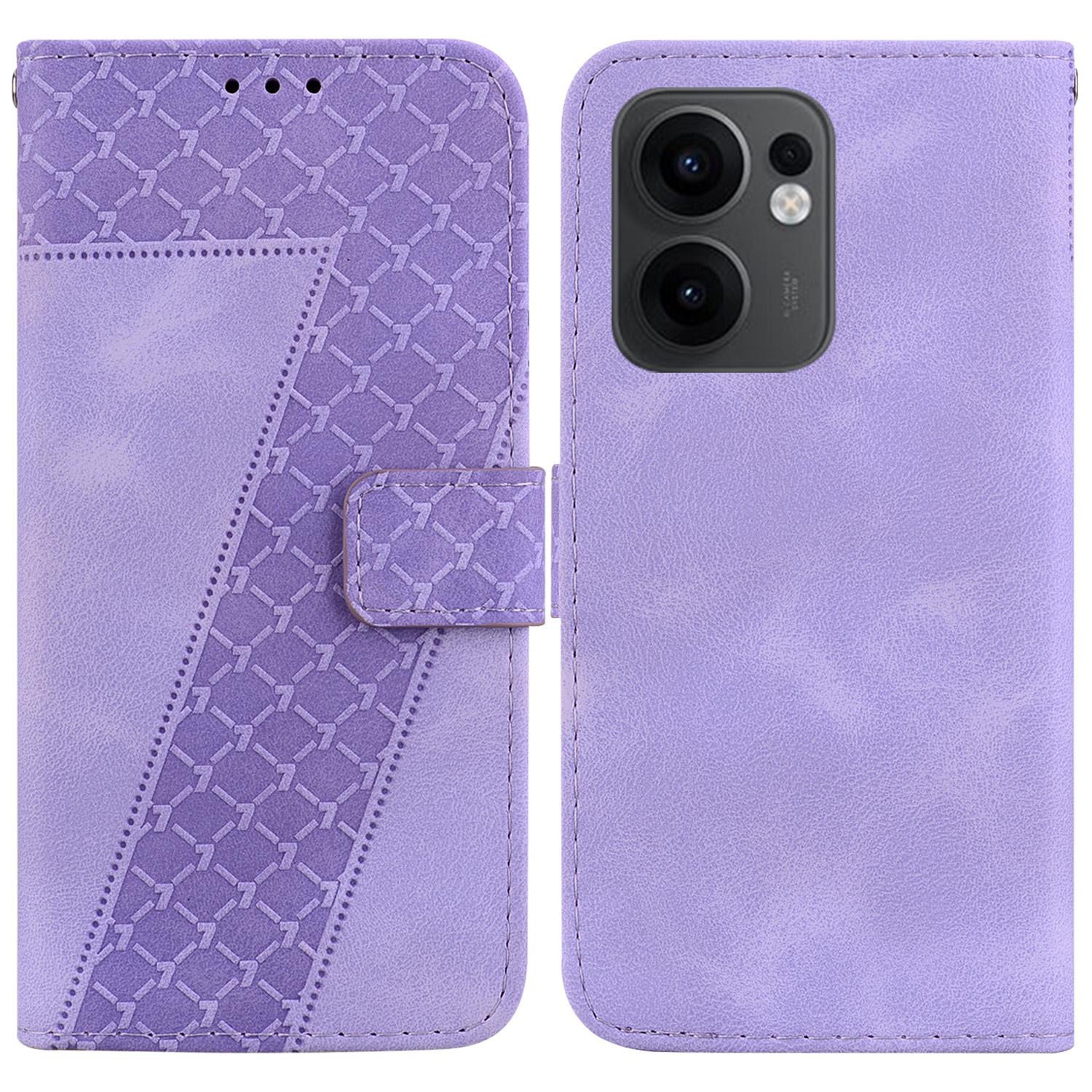 

For Oppo Reno13 F 5G Stand Case 7-Shaped Pattern Imprint Leather Phone Cover Purple