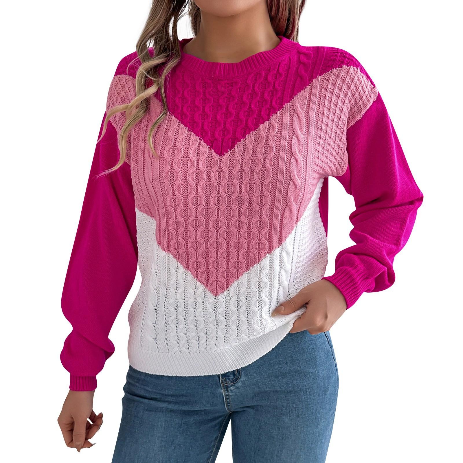 

Женский свободный контрастный цвет круглый вырез вязаный свитер длинный рукав пуловер топ L розовый