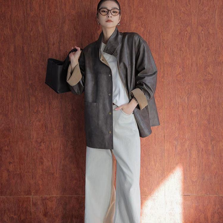 Women's Single-Breasted Reversible Leather Jacket In Coffee - Loose Fit, Casual Top for Early Spring 2025