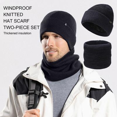 2pcs Warm Winter Casual Knitted Hat And Scarf Set Soft Fleece Lined Windproof Cold Weather Beanie And Neck Warmer For Women Men