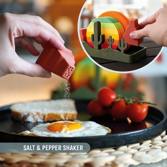 Yousheng Sundowner Coaster Set with Cactus Toothpick Holder Mountain Salt & Pepper Shakers And Sun Bottle Opener Desert-Themed Table Decor for Party