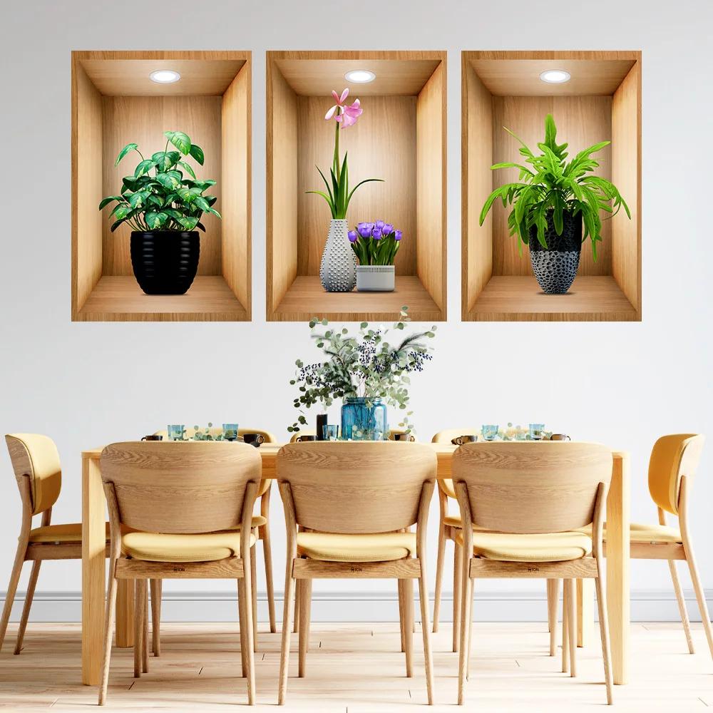 3D Effect Potted Triptych Posters Hallway Staircase Decorative Painting Hotel Restaurant Wall Plant Stickers