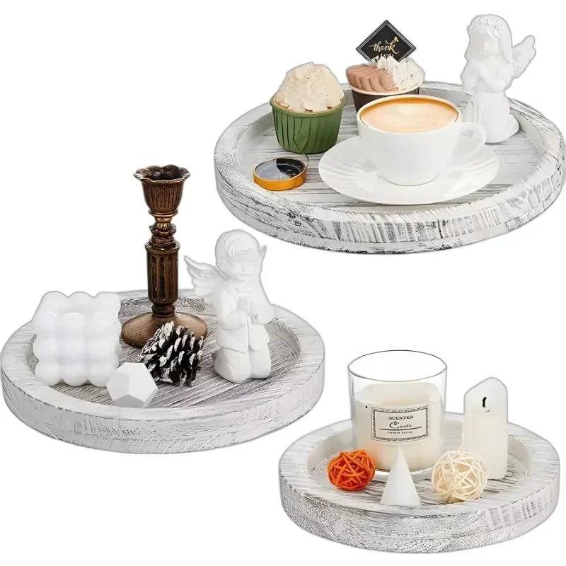 Retro Wooden Storage Tray Beveled Edge Tray Round Candlestick Wooden Tray Fruit Bread Snack Dinner plate Home Table Decoration
